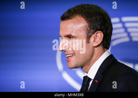 French President Emmanuel Macron speaks before the European Parliament  in the eastern French city of Strasbourg. Macron addressed the European Parliament for the first time in a bid to shore up support for his ambitious plans for post-Brexit reforms of the EU. Stock Photo