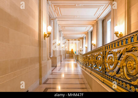 Hallway - A wide-angle view of a clean and classy hallway in San Francisco City Hall Building. Stock Photo