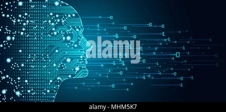 Big data and artificial intelligence concept. Machine learning and cyber mind domination concept in form of men face outline outline with circuit boar Stock Vector