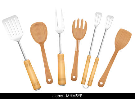 Bbq tools and salad servers. Charming vintage barbecue utensils. Tongs, skewer, fork, spoon and spatulas - illustration on white backg Stock Photo