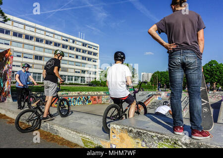 Teenagers bikes at an urban biking and Skate park Lingnerallee, Dresden, Saxony, Germany Stock Photo