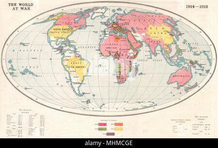 FIRST WORLD WAR.World at War 1914-1918; shows year of entry into war 1920 map Stock Photo