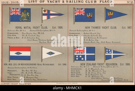 ROYAL YACHT/SAILING CLUB FLAGS. Natal. New Thames. Netherlands. New Zealand 1902 Stock Photo