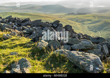 The view from Brough Law, looking down the Breamish Valley toward Hartside and Linhope in the Northumberland National Park, England Stock Photo