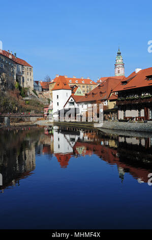 The Vltava river flowing by the centre of Cesky Krumlov. The Vltava is the longest river within the Czech Republic, running southeast along the Bohemi Stock Photo