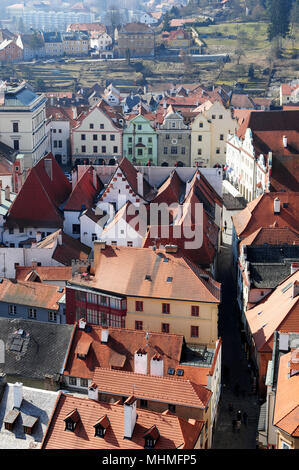 Typical houses of Cesky Krumlov, Czech Republic, seen from the city's castle. In the background, the main city square can be seen. Stock Photo
