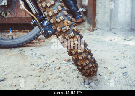 Motorcycle tire great bike-closeup of the front wheel of a large bike on the streets of Superbike technology and transport background concept Stock Photo