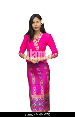 Beautiful Laos girl in Laos costume isolated on white background,Asian woman wearing traditional Laos culture,vintage style,traditional suit. With cli Stock Photo