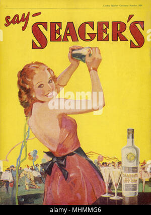 A red-headed woman in a fetching pink party dress gets into the party spirit by mixing some cocktails with Seager's Gin.      Date: 1935 Stock Photo