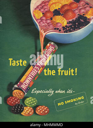 Advertisement for Rowntree's Fruit Gums sweets, according the picture, made from real fruit juice and, when advised to the stop smoking, a fruity alternative.     Date: 1953 Stock Photo