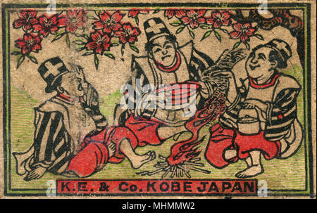 Old Japanese Matchbox label and three men and cherry blossom Stock Photo