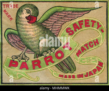 Old Japanese Matchbox label for Parrot Safety Matches made in Japan     Date: c. 1910s Stock Photo