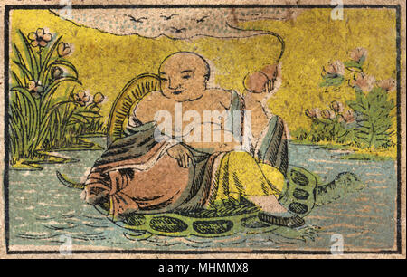 Old Japanese Matchbox label with a man sitting on a turtle Stock Photo