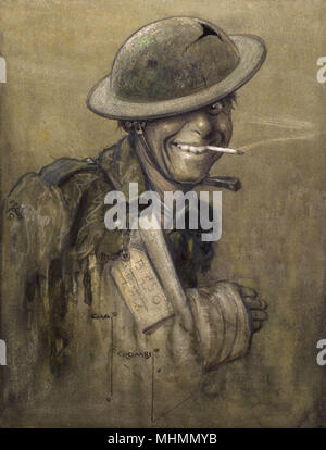 'A Blighty One' by Charles Crombie.  A cheery First World War British Tommy, happy to have received a 'blighty' wound (one bad enough to warrant being sent to hospital back at home).     Date: 1917 Stock Photo