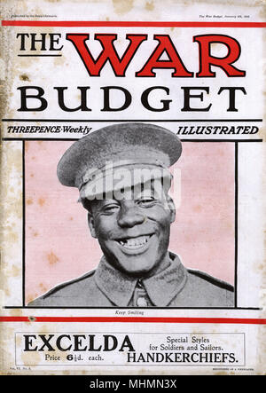Front cover of The War Budget featuring a photograph of a black British soldier grinning widely.       Date: 1916 Stock Photo