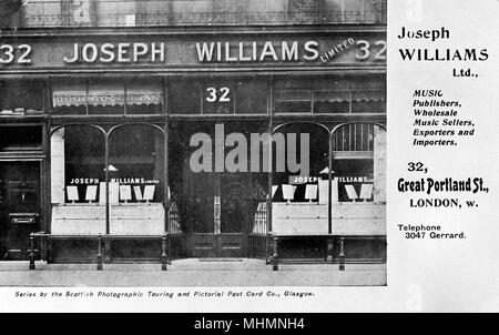 Joseph Williams Ltd, music publishers and sellers, 32 Great Portland Street, London.     Date: circa 1910s Stock Photo