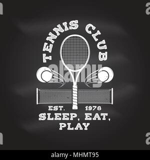 Tennis club badge on the chalkboard. Vector illustration. Concept for shirt, print, stamp or tee. Vintage typography design with tennis ball and net s Stock Vector