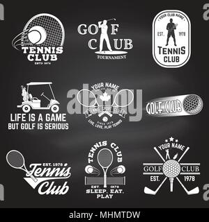 Set of Golf club, Tennis club concept with golfer and tennis player silhouette. Vector golfing and tennis club retro badge. Concept for shirt, print,  Stock Vector