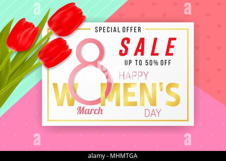 Happy Women s Day sale background with tulips. Vector illustration. For posters, brochure, banners and ad. 8 March - International Women s Day. Stock Vector