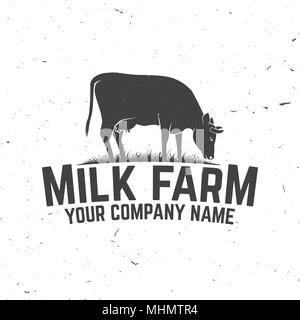 Milk Farm Badge or Label. Vector illustration. Vintage typography design with cow silhouette. Elements on the theme of the milk farming business. Stock Vector