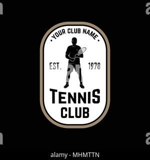 Tennis club badge. Vector illustration. Concept for shirt, print, stamp or tee. Vintage typography design with tennis player silhouette. Stock Vector