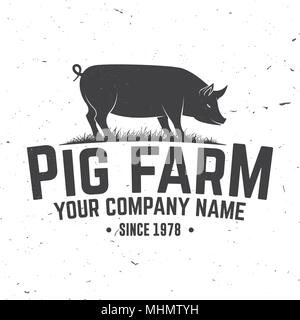 Pig Farm Badge or Label. Vector illustration. Vintage typography design with pig silhouette. Elements on the theme of the pork farm business. Farm insignia and patches isolated on white Stock Vector