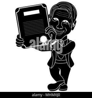 Smiling man holds a Certificate with award label with ribbon, cartoon stencil vector illustration Stock Vector