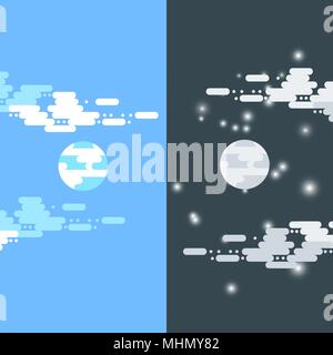 Day and night vector flat illustrations or banners. Sun and Moon. Half day and night, sun and moon with clouds. Flat illustration of sky and weather broadcasting, cloud and life, period and cycle for banners of mobile app backgrounds Stock Vector
