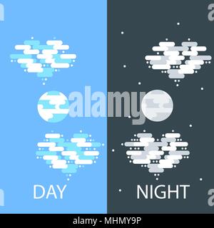 Day and night vector flat illustrations or banners. Sun and Moon. Half day and night, sun and moon with clouds in the shape of a heart. Flat illustration of sky and weather broadcasting, cloud and life, period and cycle for banners of mobile app backgrounds Stock Vector