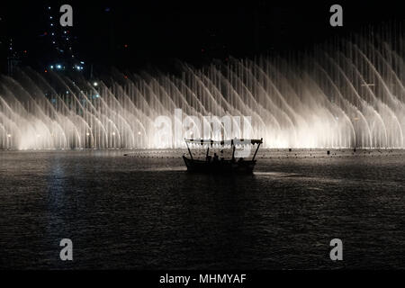 DUBAI, UAE - AUGUST 14 2017 - The show takes places every 30 minutes at the mall and is the world's second largest choreographed fountain system Stock Photo
