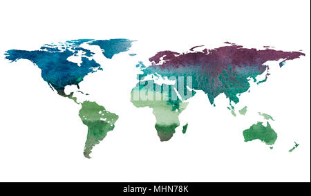 2d hand drawn illustration of world map. Color gradiented watercolor image of isolated earth planet. Colorful continents. White background. Stock Photo