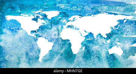 2d hand drawn illustration of world map. Turquoise blue watercolor world ocean with isolated earth continents. Stock Photo