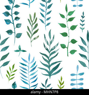 2d hand drawn watercolor seamless background. Colorful olives and lauris branches, leaves. Botanical elements. Pattern for textile, wrapping, branding Stock Photo