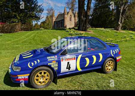 Colin McRae's Subaru Impreza 555 rally car outside Scone Chapel Stock Photo