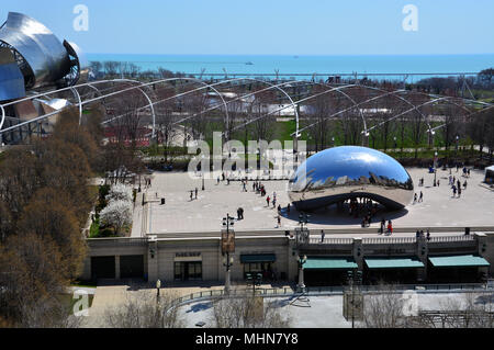 View of Cloud Gate, also known as 'The Bean', from an office building across the street on a warm spring day at Chicago's Millennium Park. Stock Photo