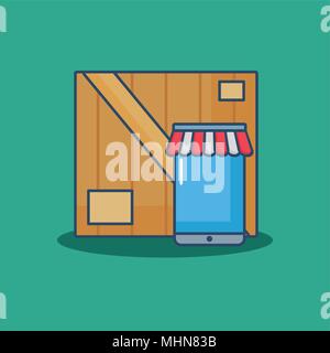 carton box and smartphone over turquoise background, vector illustration Stock Vector