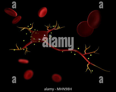 3d illustration of neuron cells with blood cells, high resolution 3D illustration Stock Photo