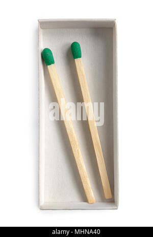 A couple of matches in a box against white background Stock Photo