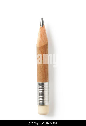 Worn pencil round shape. Very short pencil against white background with a soft shadow. Clipping path Stock Photo