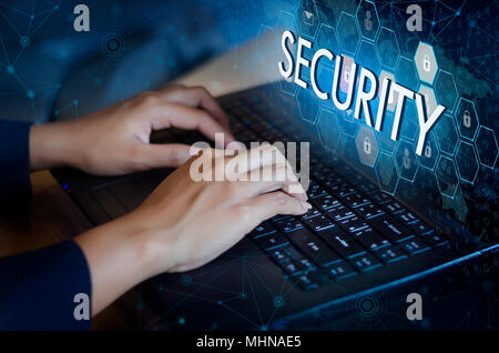 Press enter button on the computer. Key lock security system abstract technology world digital link cyber security on hi tech Dark blue background, En Stock Photo