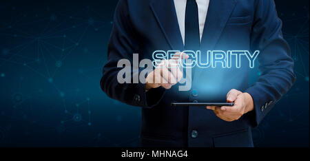 Earth polygon mesh planet World Businessmen shake hands to protect information in cyberspace. Businessman holding shield protect icon protection network Stock Photo