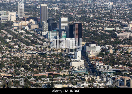 Aerial view of Wilshire Blvd Miracle Mile neighborhood in Los Angeles, California. Stock Photo