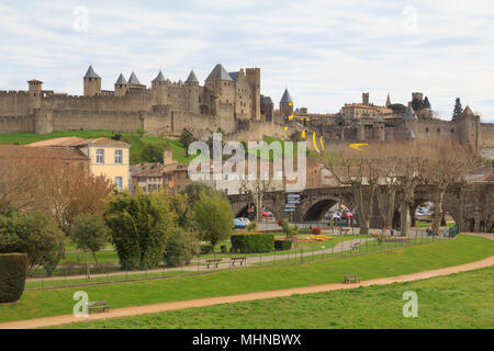 View of the medieval Citadel and bridge over river Aude in Carcassonne, France Stock Photo