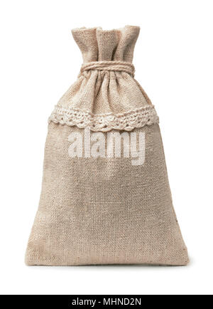 Front view of small blank burlap sack isolated on white Stock Photo
