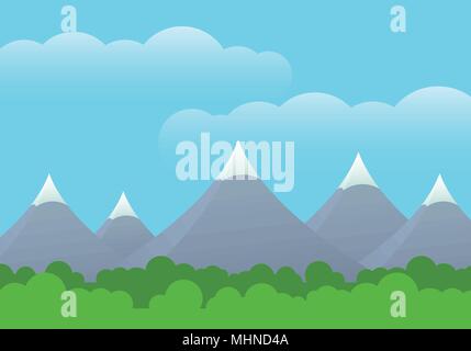 Flat design illustration of landscape with green forest and mountains with snow on the top, under blue sky with clouds - vector with space your text Stock Vector