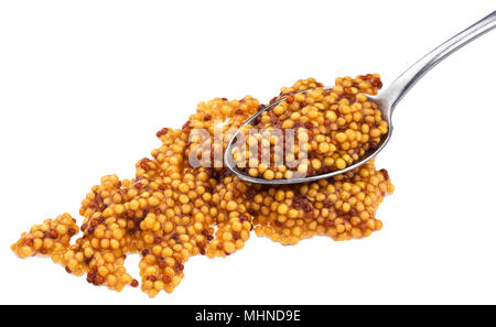 French mustard with spoon isolated on white background Stock Photo