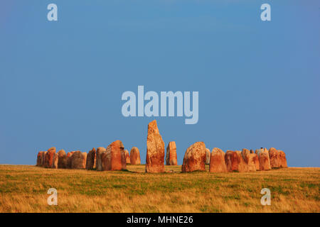 Ale stones (Ales stenar) is an anicient megalithic stone ship monument formed by 59 large boulders in the province of Scania in southern Sweden Stock Photo