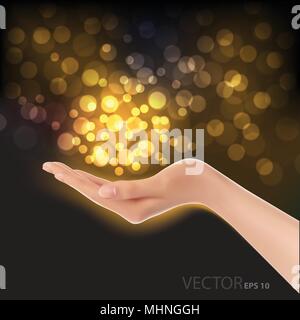Hand gold bokeh light on black luxury background vector illustration. Stock Vector