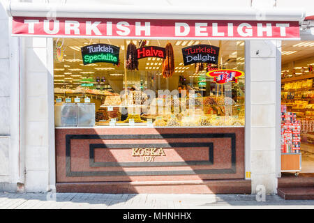 istanbul, Turkey-8th October 2011: Shop selling Turkish Delight. Turkey is famous for the dessert, Stock Photo