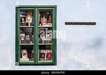 Prague, Czech Republic - August 19, 2017: Window of bookstore of Franz Kafka in Golden Lane in the Royal Palace of Prague Stock Photo